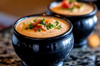 Creamy orange soup garnished with fresh chopped tomatoes and herbs served in black ceramic bowls, close-up view with selective focus on foreground bowl.