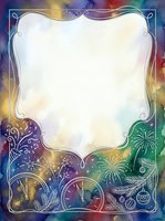 Isolated ornate frame with colorful gradient background featuring fireworks, clocks, and decorative flourishes. White center space ready for text, invitations, posters, or greeting card designs.