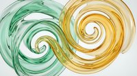 Pair of swirling spiral shapes in green and gold tones on white background, isolated design element suitable for graphic design, web, print, and branding projects.