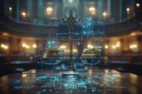 Digital justice scales with glowing blue technology interface and data streams in dark courtroom setting, symbolizing modern legal technology and cyber law.