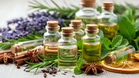 Essential oils in glass bottles with cork stoppers surrounded by fresh herbs, lavender, mint, cinnamon sticks and dried orange slices for aromatherapy and wellness.