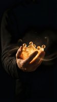 Hands holding glowing golden human figures against dark background, symbolizing teamwork, leadership, human resources, and business success for corporate and motivational projects.