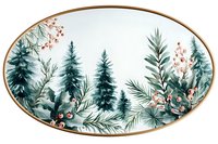 Watercolor winter forest landscape with evergreen trees and red berries in oval gold frame, elegant botanical art for seasonal decor.