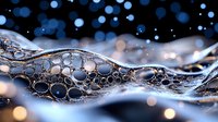 Macro photography of soap bubbles creating abstract wave pattern with blue bokeh background. Artistic close-up reveals delicate transparent structures and light reflections.