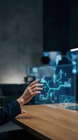 Businesswoman interacting with futuristic holographic interface displaying data analytics and digital charts in modern office environment.