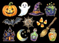Spooky Halloween icons collection isolated on transparent background, ready for t-shirts, stickers, clipart, sublimation and print-on-demand designs.