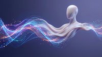 Abstract human figure merging with flowing digital waves of blue and pink light particles, representing technology, innovation, and data transformation for digital marketing and tech concepts.