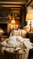Cozy rustic living room with fireplace, exposed wooden beams, warm lighting and wicker basket filled with soft knitted blankets for home comfort.