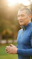 Middle-aged East Asian male athlete jogging outdoors in blue sportswear, golden hour lighting, park setting for fitness and wellness content.