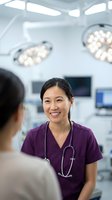 Asian female healthcare professional wearing purple scrubs and stethoscope smiling at patient in modern medical clinic with surgical lights and equipment visible in background.
