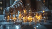 Glowing chess pieces with magical light effects on dark background, strategic business concept with hand moving figure, leadership and competition metaphor.