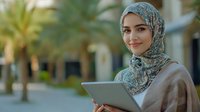 Young Middle Eastern woman in hijab using digital tablet outdoors, smiling while working remotely. Modern professional in traditional dress against palm trees background.