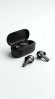 Pair of black wireless earbuds with charging case isolated on white background, ready for product design, marketing materials, and e-commerce applications.