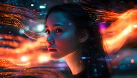 Asian woman profile with glowing orange light trails and blue neon illumination against dark background, creative portrait with digital art effects and motion blur elements.