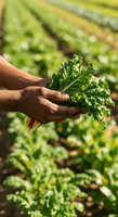 Farmer with dark skin tone harvesting fresh kale leaf in sunny vegetable garden field, sustainable agriculture and organic farming concept.