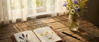 Pressed flowers in open book on rustic wooden table with wildflower bouquet in glass vase by sunny window with lace curtains creating peaceful botanical study scene.
