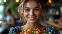 Young woman with radiant smile holding colorful Buddha bowl filled with fresh vegetables, quinoa and roasted sweet potato in casual restaurant setting.