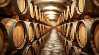 Rows of wooden wine barrels stacked in old cellar with dramatic lighting and symmetrical perspective creating depth along stone corridor. Atmospheric winery storage.