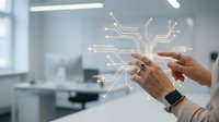 Two hands holding a smartphone with glowing circuit board lines and data connections floating above the screen in a modern office environment, representing digital technology, connectivity, and mobile innovation.