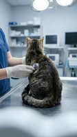 Tabby cat sitting on examination table while veterinarian in blue scrubs uses stethoscope for checkup in modern clinic with medical equipment and overhead lights.