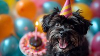 Black dog wearing party hat celebrating birthday with colorful balloons and cupcake with lit candle in festive setting.