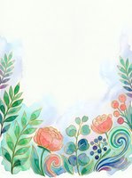 Watercolor floral border with pink peonies, green leaves, blue berries, and swirls on white background, perfect for cards and invitations.