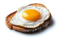 Sunny side up fried egg on toasted sourdough bread slice with black pepper seasoning, isolated on white background for food and breakfast concepts.