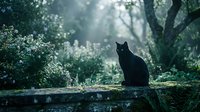 Black cat sitting on mossy stone wall in enchanted forest with sunlight filtering through trees and lush green foliage surrounding the scene.