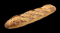 Whole grain baguette with scored crust isolated on transparent background, ready for bakery designs, food packaging, menus, t-shirts, and print-on-demand products.