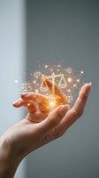 Hand holding glowing golden scales of justice with interconnected network nodes, symbolizing legal services, law, compliance, and digital justice technology for business solutions.