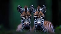 Young zebra foals standing together, symmetrical portrait showing striped faces and alert ears against dark background. African wildlife photography.