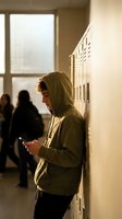 Young male student in hoodie using smartphone by school lockers during golden hour with classmates in background for education and technology concepts.