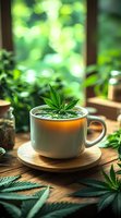 Fresh cannabis leaves floating in ceramic cup with hot beverage on wooden surface against blurred green background, moody natural lighting creates cozy atmosphere.