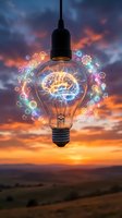 Glowing light bulb with neon brain and colorful tech icons floating around it against dramatic sunset sky, representing innovation, creativity, and intelligent ideas for business and technology concepts.