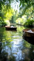Paper boats float peacefully on tranquil green water surface with natural bokeh reflections and overhanging willow branches creating serene atmosphere.