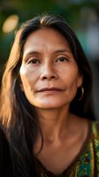 Middle-aged Southeast Asian woman with long dark hair and warm expression, outdoor portrait with natural golden sunlight. Suitable for diversity, maturity, and authentic representation in editorial and commercial projects.