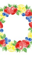 Watercolor fruit frame with strawberries, blueberries, lemon slices and green leaves arranged in a circular border around white space for text or design elements.