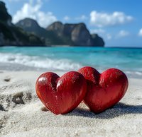 Red heart decorations on tropical beach sand with turquoise ocean water and dramatic cliffs in background, romantic vacation concept for Valentine's Day or honeymoon.