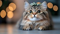 Fluffy long-haired cat with bright blue eyes and flower crown lying down, looking up against blurred warm bokeh lights background. Close up portrait of feline pet.