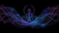 Meditation figure in lotus pose with flowing energy waves and chakra symbols on black background for spiritual wellness and mindfulness concepts.