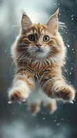 Ginger Maine Coon cat with expressive eyes leaping through falling snowflakes against blurred winter background, showcasing majestic fur and playful expression.