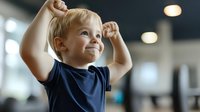 Joyful caucasian toddler boy in navy blue t-shirt raising arms in victory gesture while looking up with excited expression against blurred background with bokeh lights.