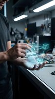 Engineer or technician with caucasian ethnicity holding holographic digital interface displaying geometric shapes and data visualization in modern workshop environment.