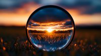 Sunset over wheat field captured through crystal ball with dramatic orange sky and clouds, creating magical refraction effect in glass sphere lens.
