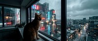 Tabby cat sitting on windowsill gazing at illuminated cityscape at dusk, urban skyline with neon signs and skyscrapers visible through glass window.