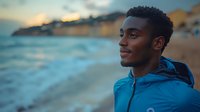 Young Black man wearing blue jacket gazing at ocean beach during golden hour sunset, relaxed outdoor lifestyle portrait.