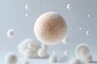 Floating white spherical particles with fuzzy textured surface against light gray background. Macro photography of abstract organic shapes creates dreamy atmosphere.