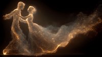 Ethereal golden figures dancing in cosmic dust, creating a romantic silhouette against dark background. Luminous particles form flowing gown and trailing stardust.