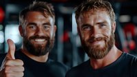 Two athletic bearded men with bright smiles showing thumbs up at fitness center. Muscular male friends in black t-shirts expressing positivity during workout session.