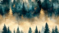 Mystical forest landscape in teal and gold watercolor style showing silhouettes of pine and fir trees in misty morning fog with ethereal light effects.
